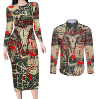 Skull Pattern Couples Matching Long Sleeve Bodycon Dress and Long Sleeve Button Shirts Demon Art - Come With Me - Wonder Print Shop