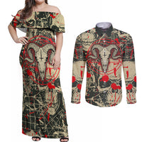 Skull Pattern Couples Matching Off Shoulder Maxi Dress and Long Sleeve Button Shirts Demon Art - Come With Me - Wonder Print Shop