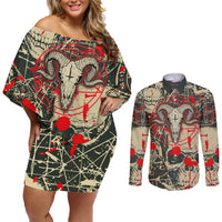 Skull Pattern Couples Matching Off Shoulder Short Dress and Long Sleeve Button Shirts Demon Art - Come With Me - Wonder Print Shop