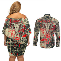 Skull Pattern Couples Matching Off Shoulder Short Dress and Long Sleeve Button Shirts Demon Art - Come With Me - Wonder Print Shop