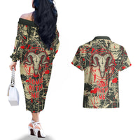 Skull Pattern Couples Matching Off The Shoulder Long Sleeve Dress and Hawaiian Shirt Demon Art - Come With Me - Wonder Print Shop