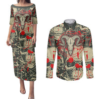 Skull Pattern Couples Matching Puletasi Dress and Long Sleeve Button Shirts Demon Art - Come With Me - Wonder Print Shop