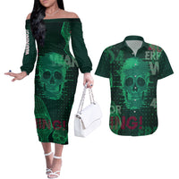 Technology Skull Couples Matching Off The Shoulder Long Sleeve Dress and Hawaiian Shirt Warning - Erro 404 - Wonder Print Shop