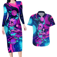Space Skull Couples Matching Long Sleeve Bodycon Dress and Hawaiian Shirt Skeleton Color Neon Paint On Space - Wonder Print Shop