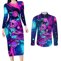 Space Skull Couples Matching Long Sleeve Bodycon Dress and Long Sleeve Button Shirts Skeleton Color Neon Paint On Space - Wonder Print Shop
