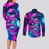 Space Skull Couples Matching Long Sleeve Bodycon Dress and Long Sleeve Button Shirts Skeleton Color Neon Paint On Space - Wonder Print Shop