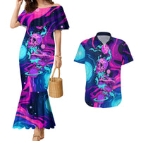 Space Skull Couples Matching Mermaid Dress and Hawaiian Shirt Skeleton Color Neon Paint On Space - Wonder Print Shop