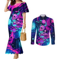 space-skull-couples-matching-mermaid-dress-and-long-sleeve-button-shirts-skeleton-color-neon-paint-on-space