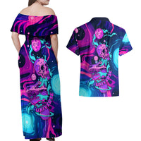 Space Skull Couples Matching Off Shoulder Maxi Dress and Hawaiian Shirt Skeleton Color Neon Paint On Space - Wonder Print Shop