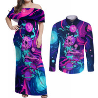 Space Skull Couples Matching Off Shoulder Maxi Dress and Long Sleeve Button Shirts Skeleton Color Neon Paint On Space - Wonder Print Shop