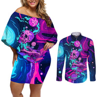 Space Skull Couples Matching Off Shoulder Short Dress and Long Sleeve Button Shirts Skeleton Color Neon Paint On Space - Wonder Print Shop