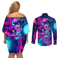 Space Skull Couples Matching Off Shoulder Short Dress and Long Sleeve Button Shirts Skeleton Color Neon Paint On Space - Wonder Print Shop