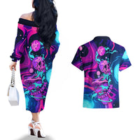 Space Skull Couples Matching Off The Shoulder Long Sleeve Dress and Hawaiian Shirt Skeleton Color Neon Paint On Space - Wonder Print Shop