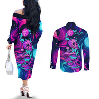 space-skull-couples-matching-off-the-shoulder-long-sleeve-dress-and-long-sleeve-button-shirts-skeleton-color-neon-paint-on-space