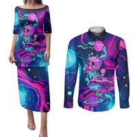 Space Skull Couples Matching Puletasi Dress and Long Sleeve Button Shirts Skeleton Color Neon Paint On Space - Wonder Print Shop