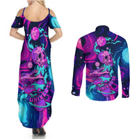 Space Skull Couples Matching Summer Maxi Dress and Long Sleeve Button Shirts Skeleton Color Neon Paint On Space - Wonder Print Shop