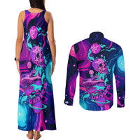 Space Skull Couples Matching Tank Maxi Dress and Long Sleeve Button Shirts Skeleton Color Neon Paint On Space - Wonder Print Shop