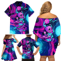 Space Skull Family Matching Off Shoulder Short Dress and Hawaiian Shirt Skeleton Color Neon Paint On Space - Wonder Print Shop