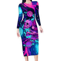 Space Skull Long Sleeve Bodycon Dress Skeleton Color Neon Paint On Space - Wonder Print Shop