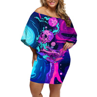 Space Skull Off Shoulder Short Dress Skeleton Color Neon Paint On Space - Wonder Print Shop
