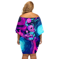 Space Skull Off Shoulder Short Dress Skeleton Color Neon Paint On Space - Wonder Print Shop