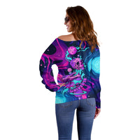 Space Skull Off Shoulder Sweater Skeleton Color Neon Paint On Space - Wonder Print Shop