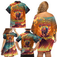 I Can Fix Stupid Bit It's Gonna Hurt Flaming kull Family Matching Off Shoulder Short Dress and Hawaiian Shirt - Wonder Print Shop