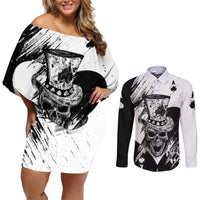 Black Joke Skull Couples Matching Off Shoulder Short Dress and Long Sleeve Button Shirts Spade Ace Grunge Art - Wonder Print Shop
