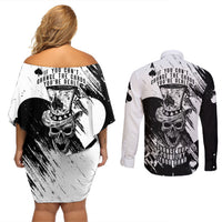 Black Joke Skull Couples Matching Off Shoulder Short Dress and Long Sleeve Button Shirts Spade Ace Grunge Art - Wonder Print Shop