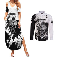 Black Joke Skull Couples Matching Summer Maxi Dress and Long Sleeve Button Shirts Spade Ace Grunge Art - Wonder Print Shop
