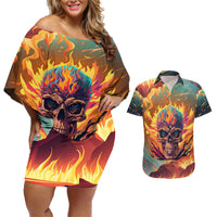 Skull Flaming Couples Matching Off Shoulder Short Dress and Hawaiian Shirt I Can Fix Stupid But It's Gonna Hurt - Wonder Print Shop