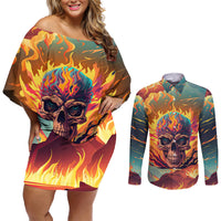 Skull Flaming Couples Matching Off Shoulder Short Dress and Long Sleeve Button Shirts I Can Fix Stupid But It's Gonna Hurt - Wonder Print Shop