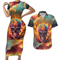Skull Flaming Couples Matching Short Sleeve Bodycon Dress and Hawaiian Shirt I Can Fix Stupid But It's Gonna Hurt - Wonder Print Shop