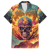Flaming skull Hawaiian shirt with open button collar, multicolor flame artwork