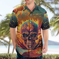 Mens flaming skull Hawaiian shirt with open button collar, multicolor flames artwork