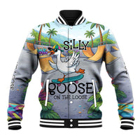 Funny Silly Goose on The Loose Baseball Jacket with Skateboard and Palm Trees