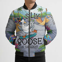 Funny Silly Goose on The Loose Bomber Puffer Jacket with Skateboard and Palm Trees