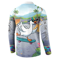Funny Silly Goose on The Loose Button Sweatshirt with Skateboard and Palm Trees