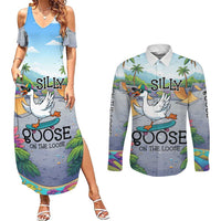 Funny Silly Goose on The Loose Couples Matching Summer Maxi Dress and Long Sleeve Button Shirt with Skateboard and Palm Trees