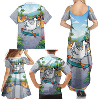 Funny Silly Goose on The Loose Family Matching Summer Maxi Dress and Hawaiian Shirt with Skateboard and Palm Trees