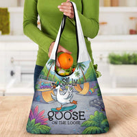 Funny Silly Goose on The Loose Grocery Bag with Skateboard and Palm Trees