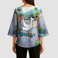 Funny Silly Goose on The Loose Kimono Sleeve Blouse with Skateboard and Palm Trees