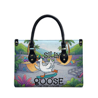 Funny Silly Goose on The Loose Leather Bag with Skateboard and Palm Trees