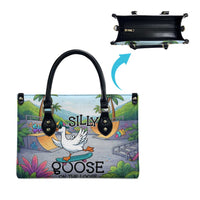 Funny Silly Goose on The Loose Leather Bag with Skateboard and Palm Trees