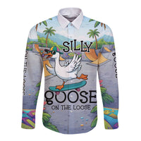 Funny Silly Goose on The Loose Long Sleeve Button Shirt with Skateboard and Palm Trees