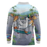 Funny Silly Goose on The Loose Long Sleeve Polo Shirt with Skateboard and Palm Trees
