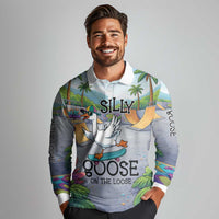 Funny Silly Goose on The Loose Long Sleeve Polo Shirt with Skateboard and Palm Trees