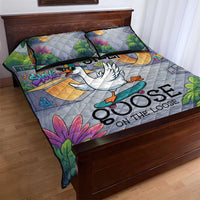 Funny Silly Goose on The Loose Quilt Bed Set with Skateboard and Palm Trees