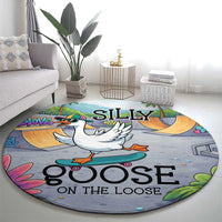 Funny Silly Goose on The Loose Round Carpet with Skateboard and Palm Trees