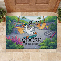 Funny Silly Goose on The Loose Rubber Doormat with Skateboard and Palm Trees